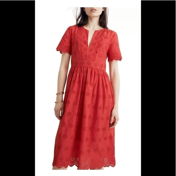MADEWELL Scalloped Eyelet Midi Dress Short Sleeve Prairie Red Cotton - Picture 1 of 9